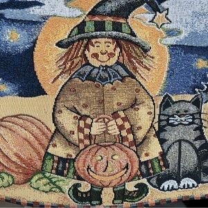 Vintage Halloween Scarecrow Cat Tapestry Placemat Set Pumpkins Cats Bats Stars